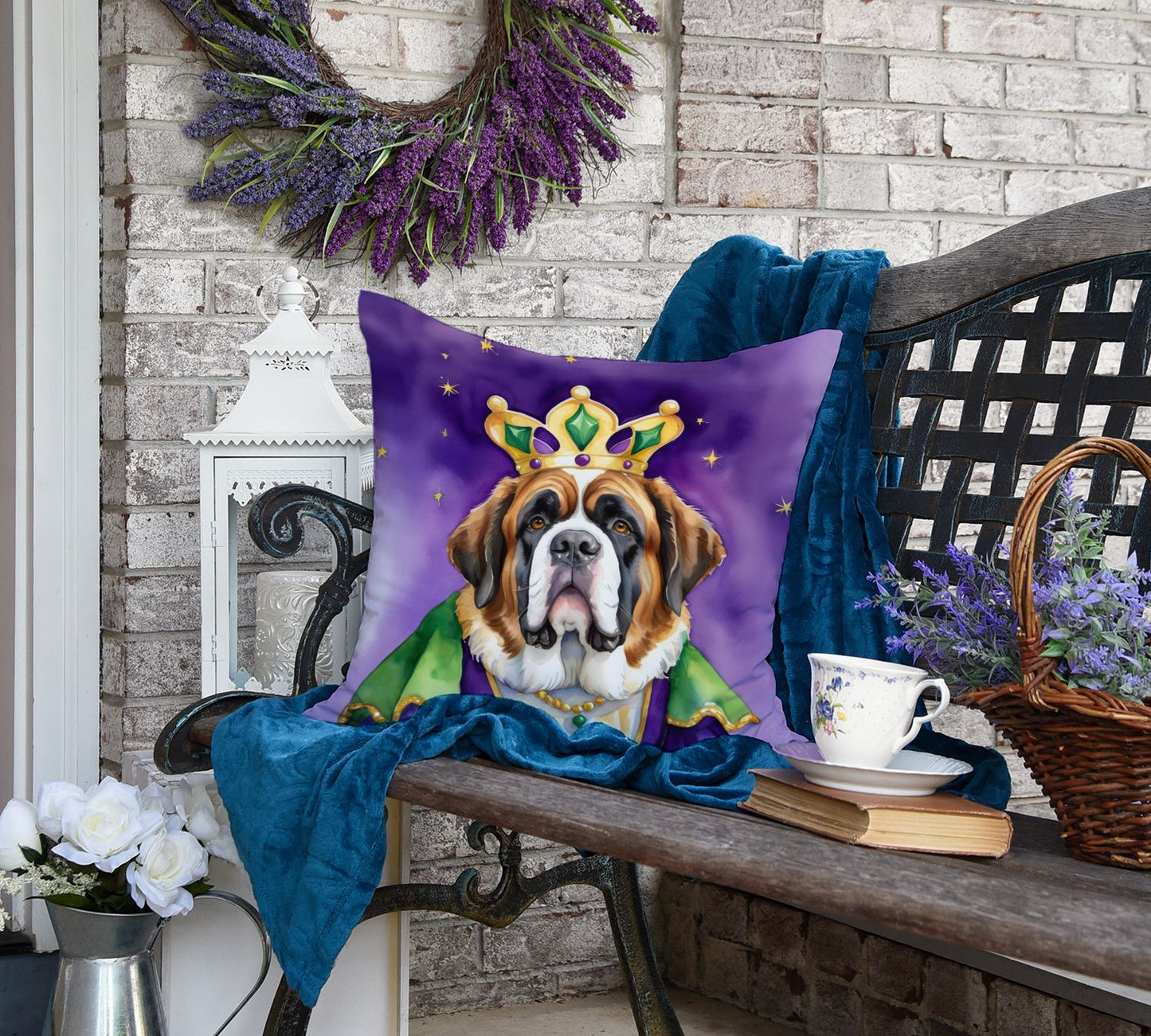Saint Bernard King of Mardi Gras Throw Pillow Machine Washable, Indoor Outdoor Decorative Pillow for Couch, Bed or Patio, 18Hx18W
