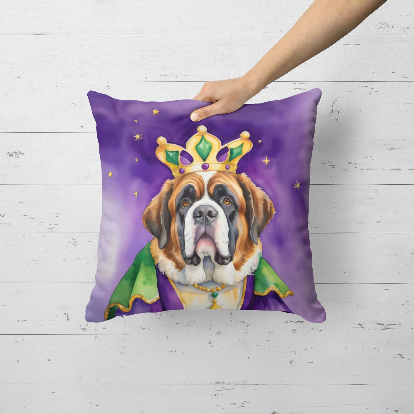 Saint Bernard King of Mardi Gras Throw Pillow Machine Washable, Indoor Outdoor Decorative Pillow for Couch, Bed or Patio, 18Hx18W