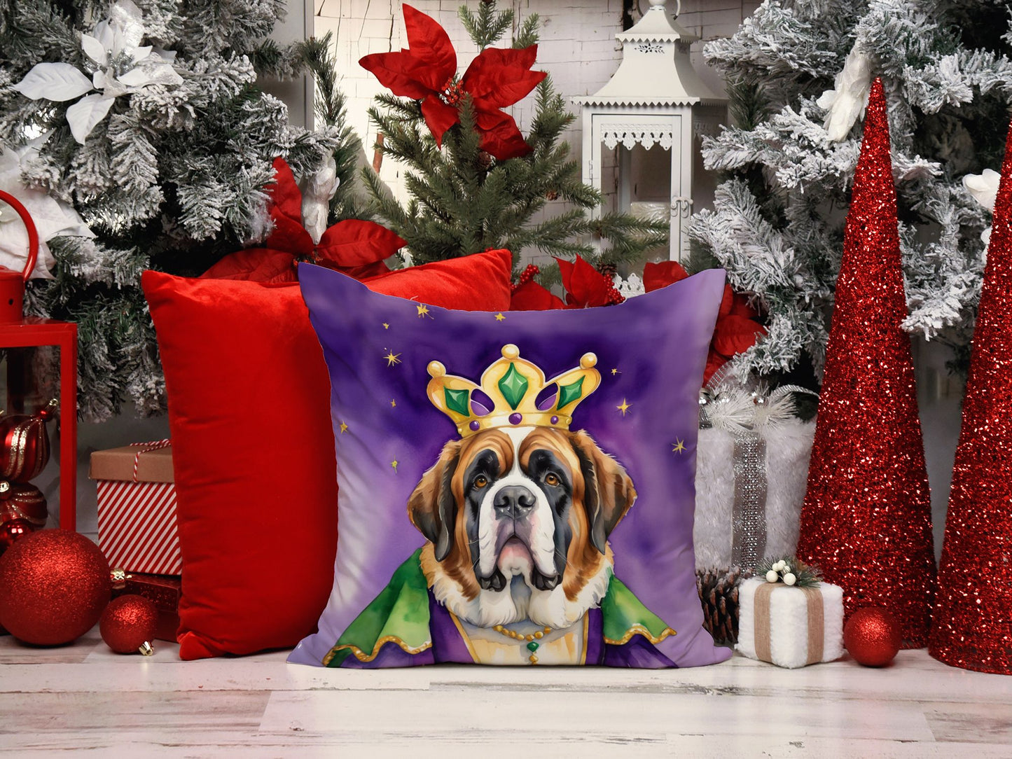 Saint Bernard King of Mardi Gras Throw Pillow Machine Washable, Indoor Outdoor Decorative Pillow for Couch, Bed or Patio, 18Hx18W