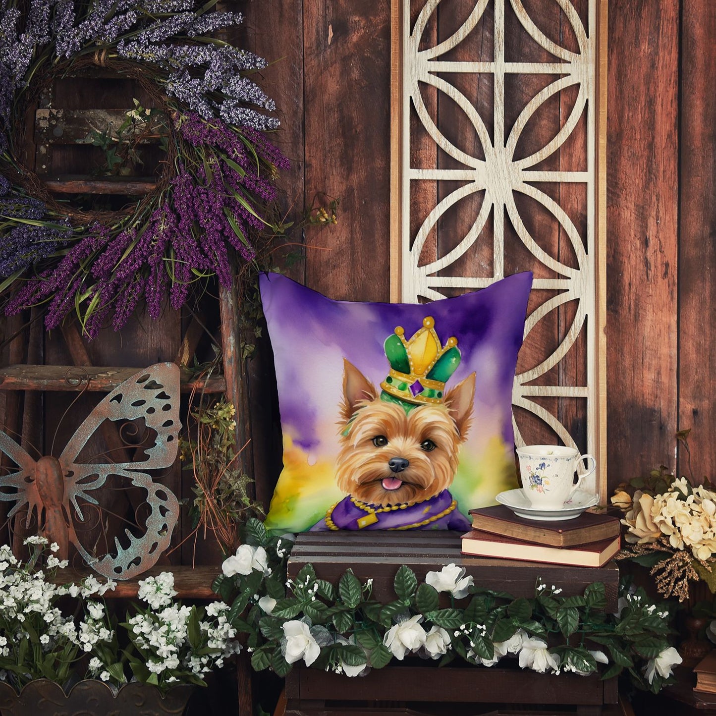 Norwich Terrier King of Mardi Gras Throw Pillow Machine Washable, Indoor Outdoor Decorative Pillow for Couch, Bed or Patio, 18Hx18W