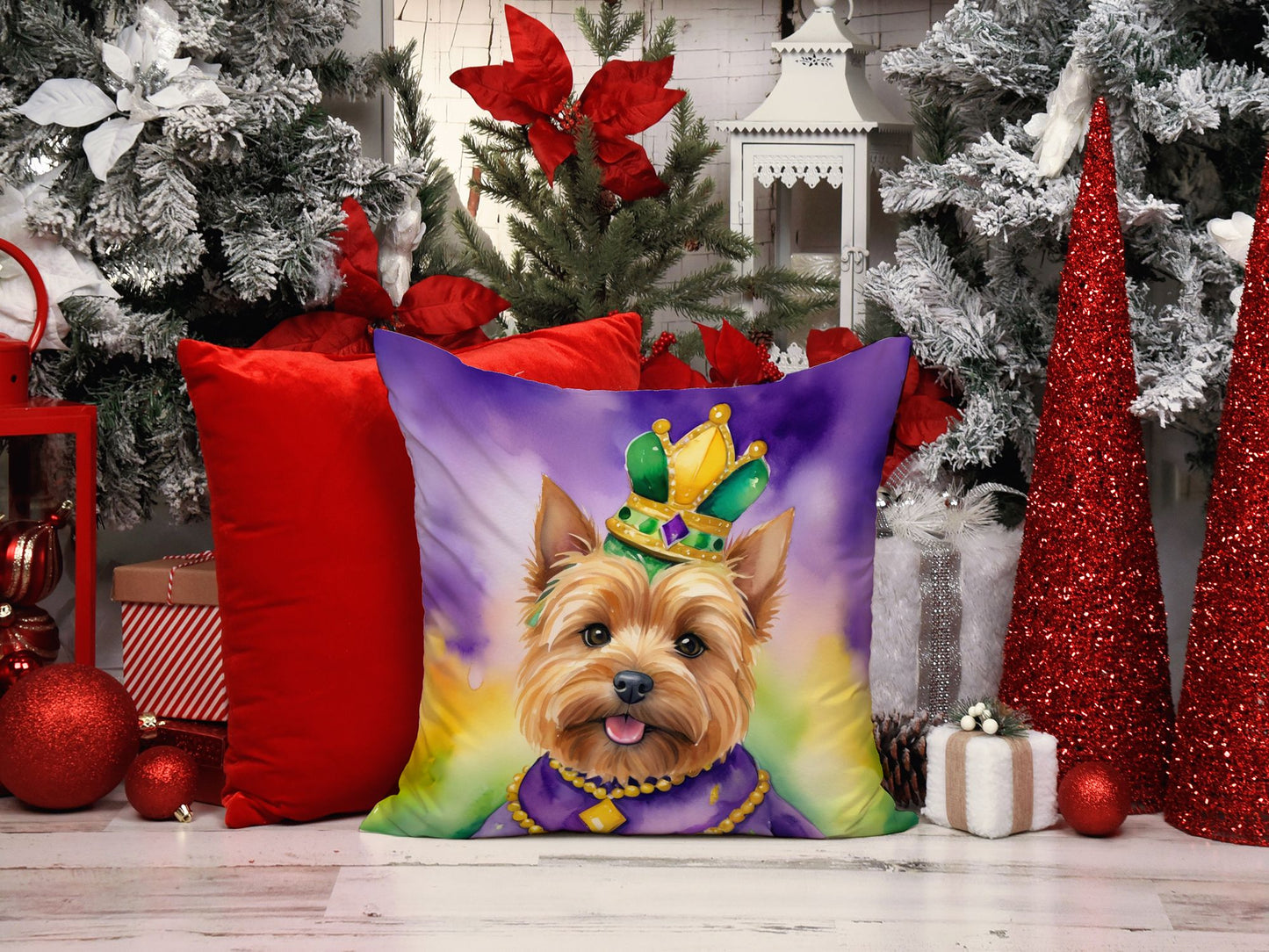 Norwich Terrier King of Mardi Gras Throw Pillow Machine Washable, Indoor Outdoor Decorative Pillow for Couch, Bed or Patio, 18Hx18W