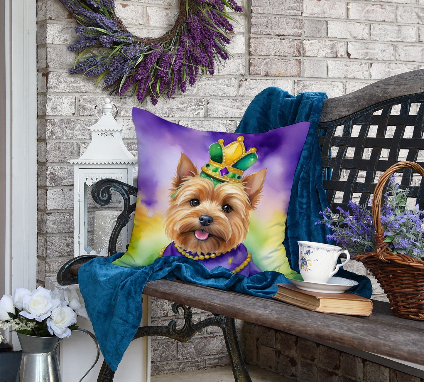 Norwich Terrier King of Mardi Gras Throw Pillow Machine Washable, Indoor Outdoor Decorative Pillow for Couch, Bed or Patio, 18Hx18W