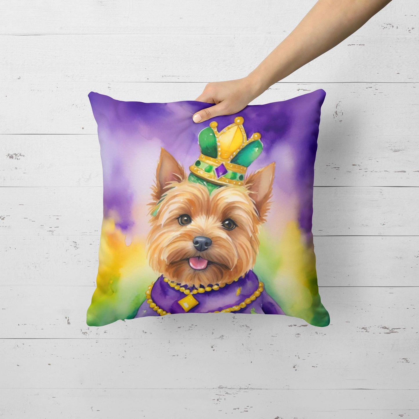 Norwich Terrier King of Mardi Gras Throw Pillow Machine Washable, Indoor Outdoor Decorative Pillow for Couch, Bed or Patio, 18Hx18W
