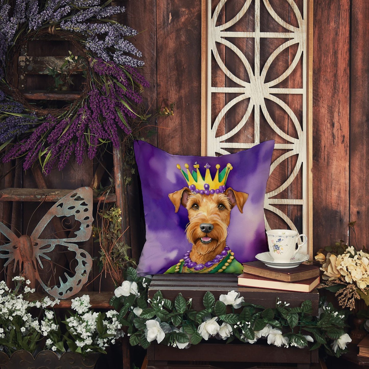 Irish Terrier King of Mardi Gras Throw Pillow Machine Washable, Indoor Outdoor Decorative Pillow for Couch, Bed or Patio, 18Hx18W