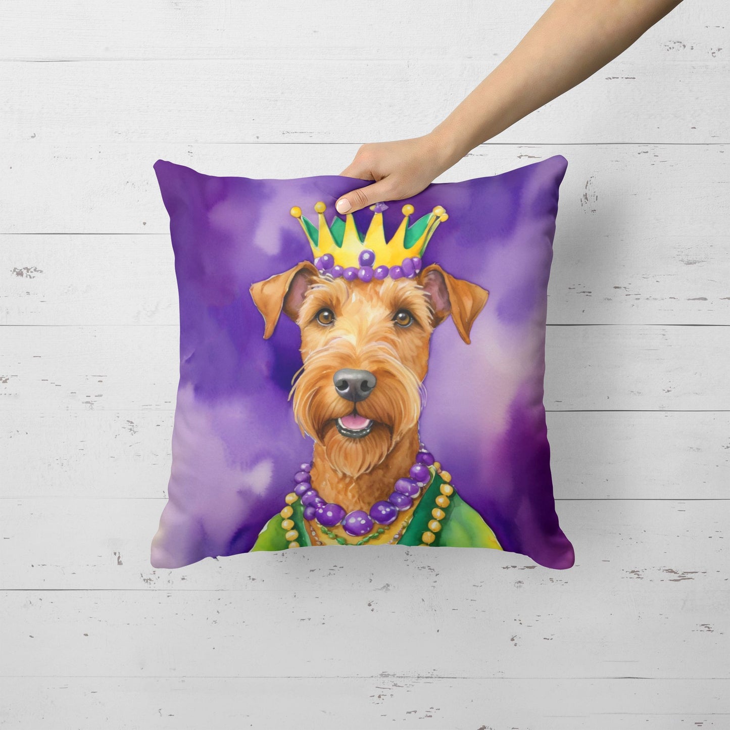 Irish Terrier King of Mardi Gras Throw Pillow Machine Washable, Indoor Outdoor Decorative Pillow for Couch, Bed or Patio, 18Hx18W