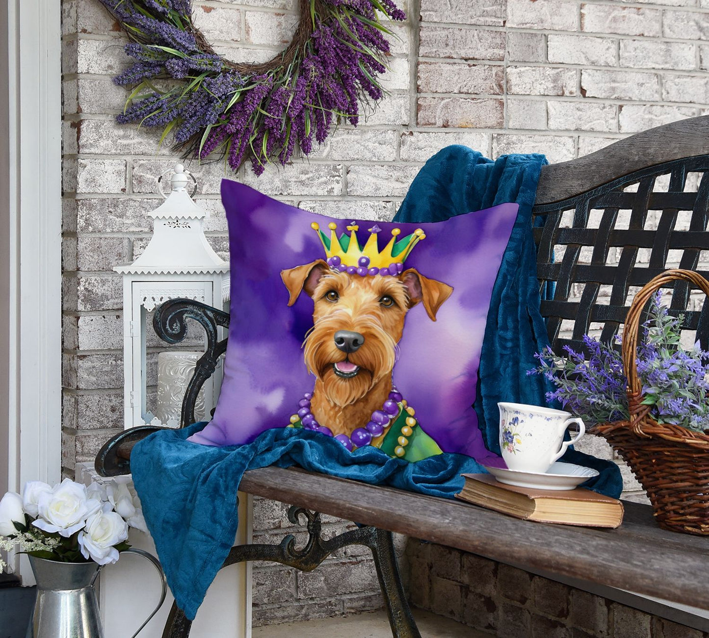 Irish Terrier King of Mardi Gras Throw Pillow Machine Washable, Indoor Outdoor Decorative Pillow for Couch, Bed or Patio, 18Hx18W