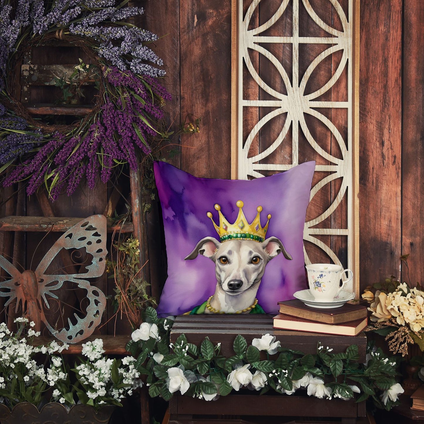 Whippet King of Mardi Gras Throw Pillow Machine Washable, Indoor Outdoor Decorative Pillow for Couch, Bed or Patio, 18Hx18W
