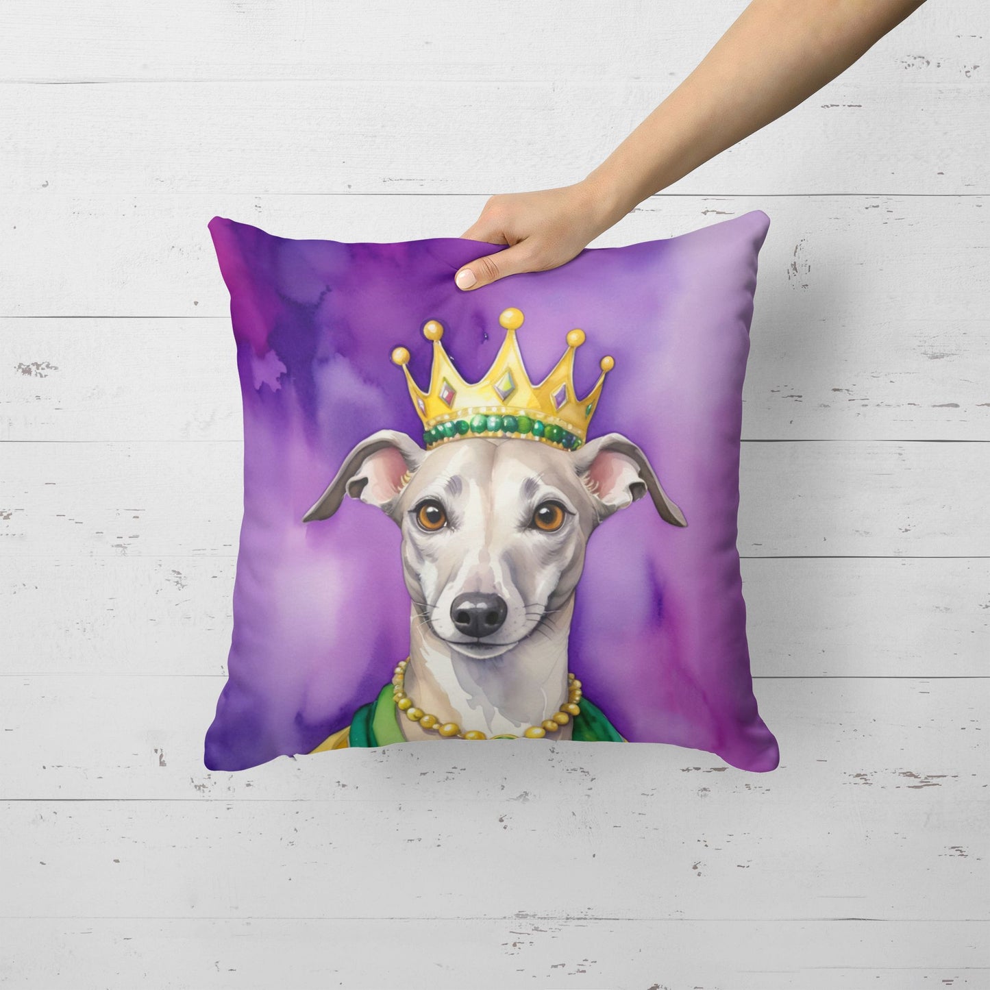 Whippet King of Mardi Gras Throw Pillow Machine Washable, Indoor Outdoor Decorative Pillow for Couch, Bed or Patio, 18Hx18W