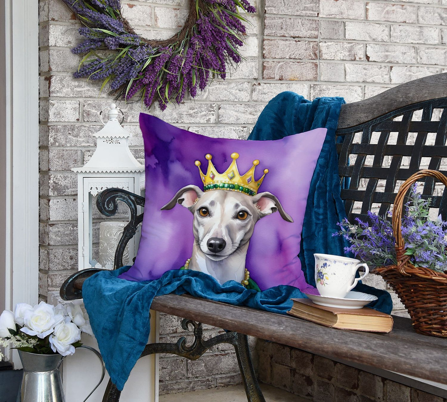 Whippet King of Mardi Gras Throw Pillow Machine Washable, Indoor Outdoor Decorative Pillow for Couch, Bed or Patio, 18Hx18W