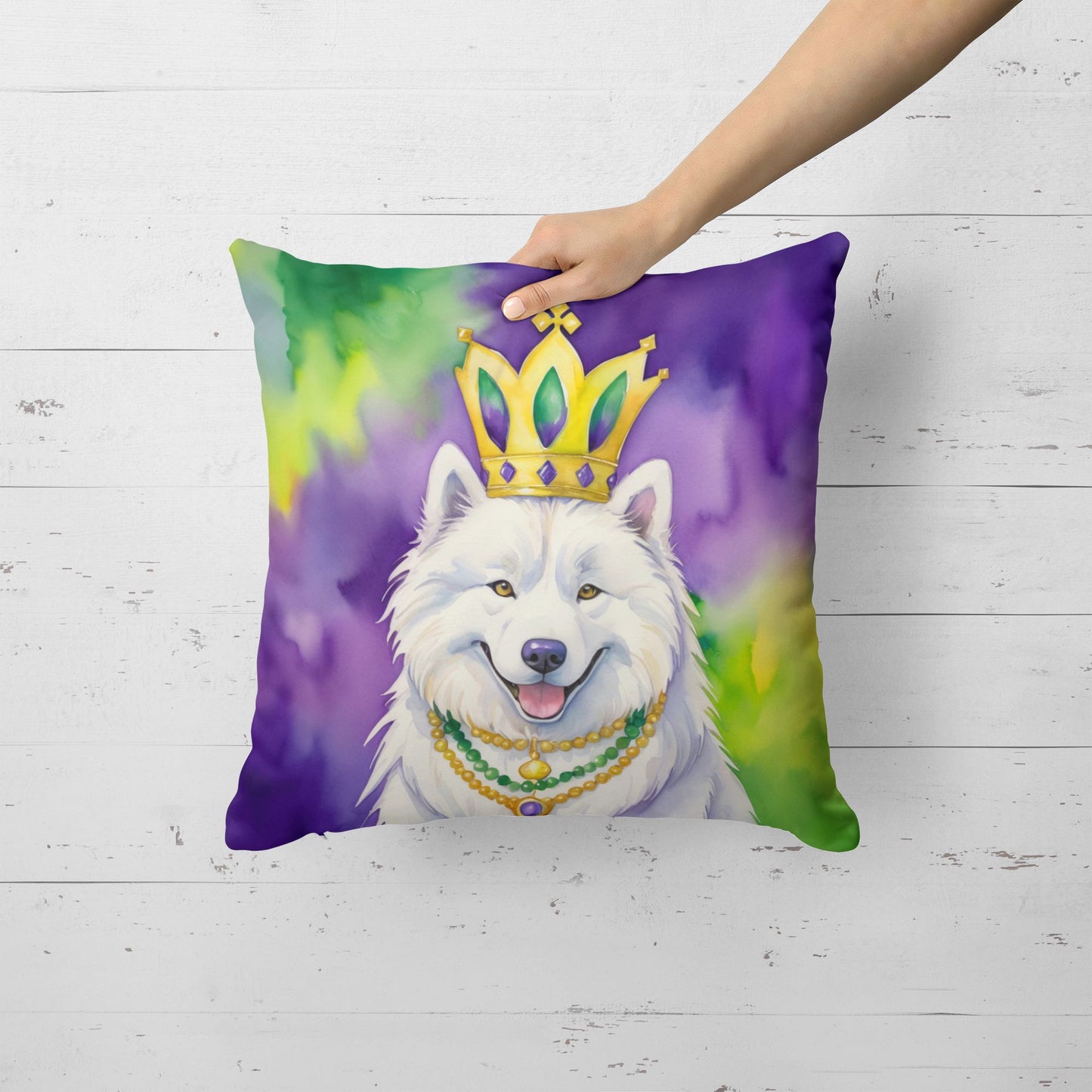 Samoyed King of Mardi Gras Throw Pillow Machine Washable, Indoor Outdoor Decorative Pillow for Couch, Bed or Patio, 18Hx18W