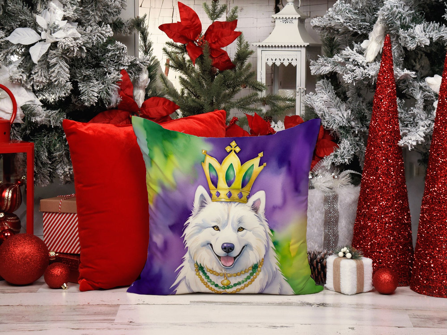 Samoyed King of Mardi Gras Throw Pillow Machine Washable, Indoor Outdoor Decorative Pillow for Couch, Bed or Patio, 18Hx18W
