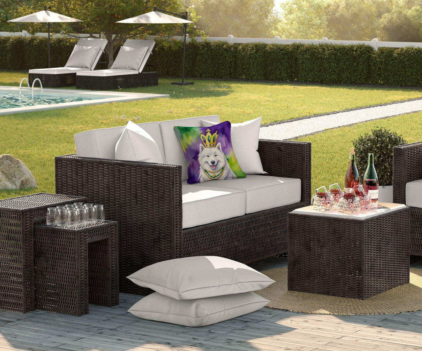 Samoyed King of Mardi Gras Throw Pillow Machine Washable, Indoor Outdoor Decorative Pillow for Couch, Bed or Patio, 18Hx18W