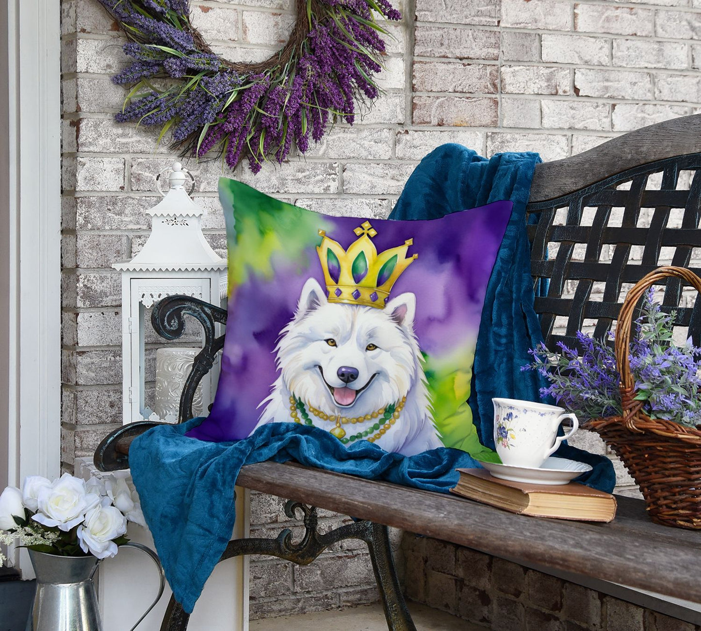 Samoyed King of Mardi Gras Throw Pillow Machine Washable, Indoor Outdoor Decorative Pillow for Couch, Bed or Patio, 18Hx18W